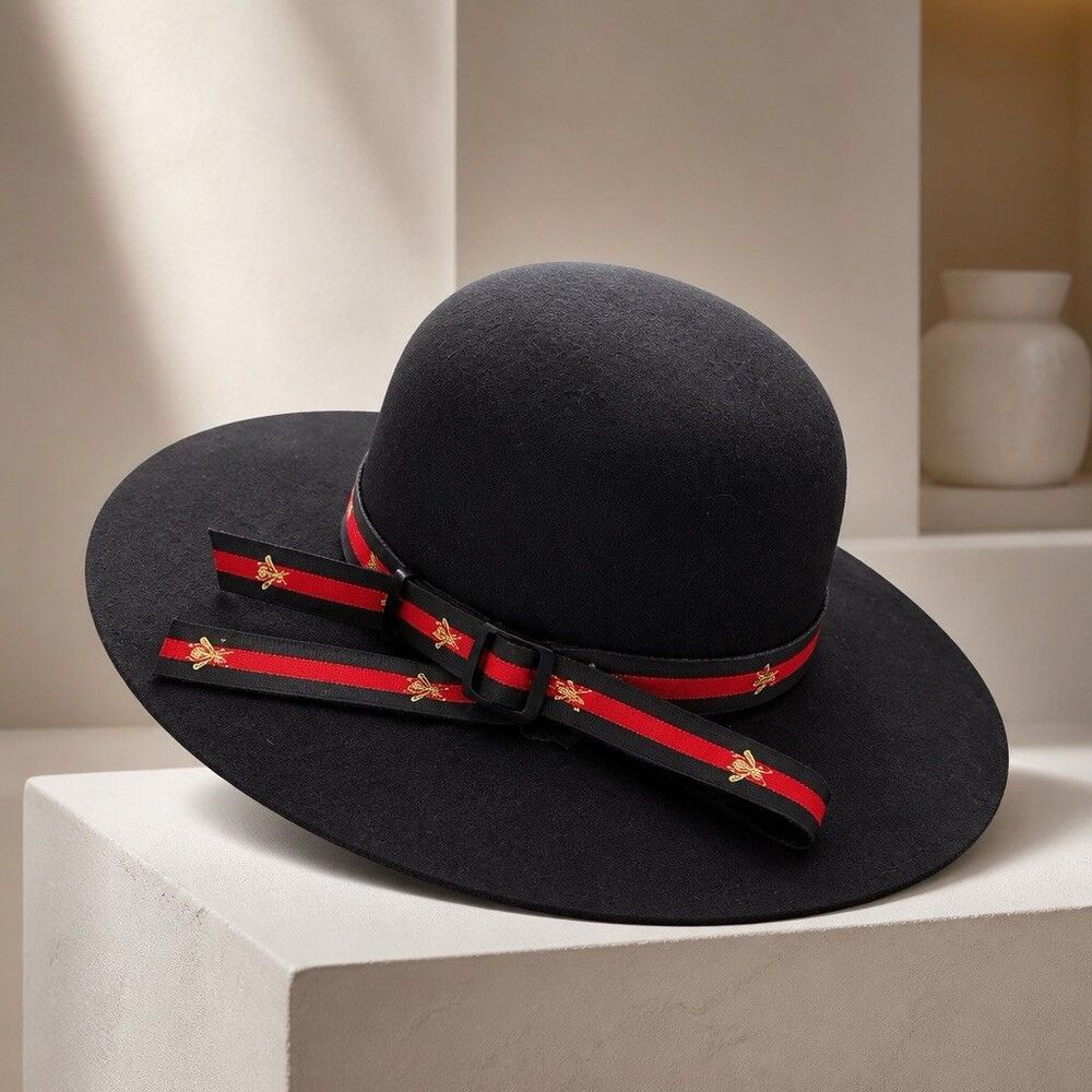 Felt Hat, Black, Wide Brim Red And black .Custom Band, bow, Bees, Derby, Church,